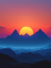 Obraz premium Beautiful sunset over a mountain range with a large sun in the sky. The mountains are covered in blue and the sky is a mix of blue and orange