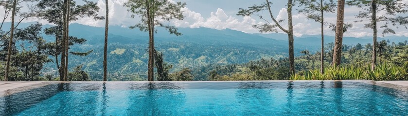 Fototapeta premium Mountain view infinity pool, lush trees, tranquil scene