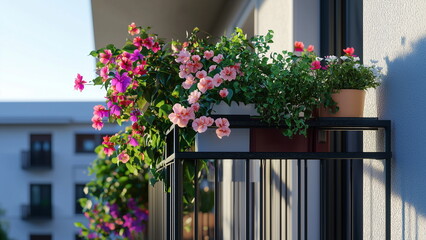 Fototapeta premium Decorative green plant and pink flower on the balcony of an apartment house, blossom during the spring season