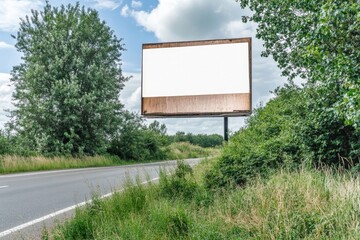 Fototapeta premium creative outdoor shot of blank billboard on roadside surrounded by natural elements like trees and grass