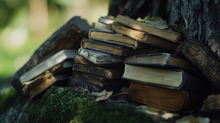 A stack of books resting against the trunk of a tree