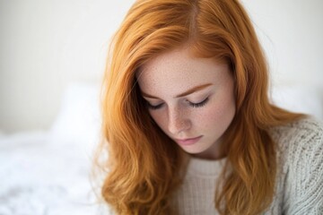 A person with bright red hair is distracted by their mobile device