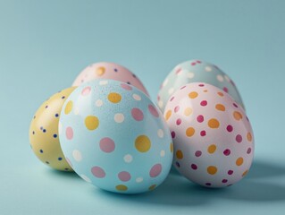 Group of painted eggs with polka dots on them. The eggs are in various colors and sizes, and they are arranged in a row. Concept of playfulness and creativity