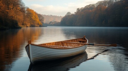 Obraz premium Serene wooden boat floating on calm river surrounded by lush greenery during late afternoon