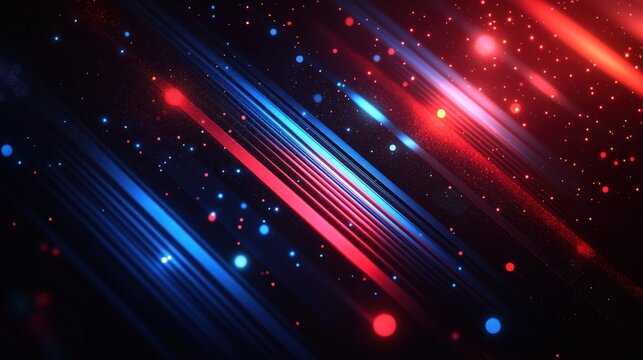 Abstract background design with overlapping blue, red diagonal lines. Dynamic effect with glowing lines, scattered lights. Futuristic graphic elements. Modern style. Great for tech banners posters.