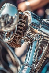 A close-up shot of a chrome motorcycle handle with intricate details and reflective finish