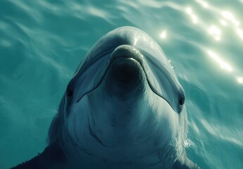 青い海の中で微笑むイルカのアップ