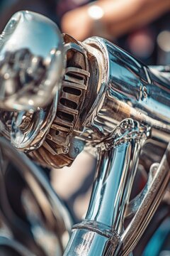 A close-up shot of a chrome motorcycle handle with intricate details and reflective finish