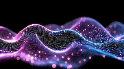 A 3D abstract landscape with glowing neon light trails moving along smooth curves and patterns.