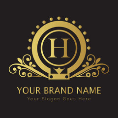 Letter Luxury brand logo design with a royal gold crown emblem and elegant typography
