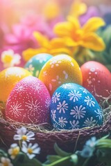 Fototapeta premium Basket of eggs with white and blue designs on them sits in a flower bed. The eggs are of different colors, including yellow, blue, and red. The basket is surrounded by flowers, creating a cheerful