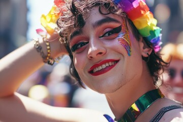 A person with vibrant facial artwork and bright colors