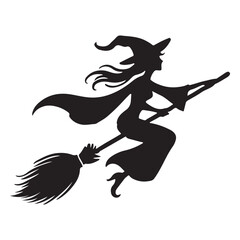 Halloween Witch Flying on Broom Silhouette Art