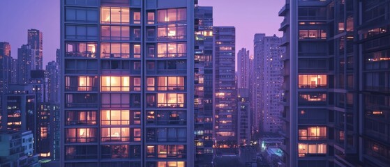 city skyline at dusk with illuminated windows