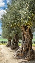 Fototapeta premium Ancient olive trees grove, sunny day, rural landscape, agriculture
