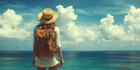Happy traveler woman with a backpack stands on a tropical beach, enjoying the ocean view on a sunny day. World Tourism Day. Banner. Copy space