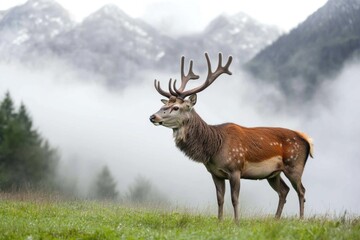 Fototapeta premium A deer stands tall on a lush green field, surrounded by nature