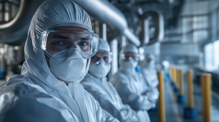 Focused industrial workers wear protective suits, safety gear in clean facility. Appear serious, confident, suggesting collaborative environment in manufacturing plant. Teamwork, safety priorities in
