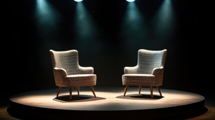 Two chairs are on a stage, facing each other. The chairs are wooden and have a modern design. The stage is dark, and the chairs are lit up, creating a dramatic atmosphere