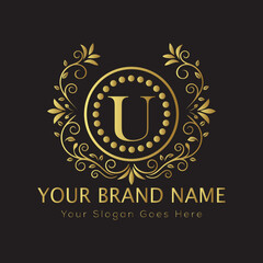 Letter Luxury brand logo design with a royal gold crown emblem and elegant typography
