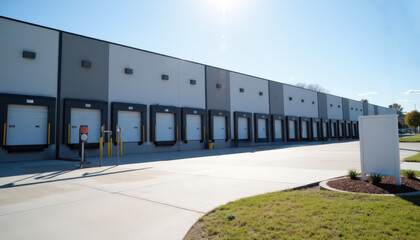 Obraz premium Industrial warehouse with loading docks under clear skies.