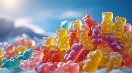 Multicolored gummy bears form pile against vibrant sky blue backdrop. Closeup view of candies. Gummy bear candies in heaps. Many different colours in sugary treat. Sweet tasty pile of jelly bears.
