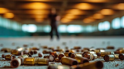 creative shot of spent shotgun shells scattered on shooting range their textures with shooter blurred in background
