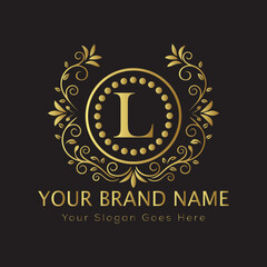 Letter Luxury brand logo design with a royal gold crown emblem and elegant typography

