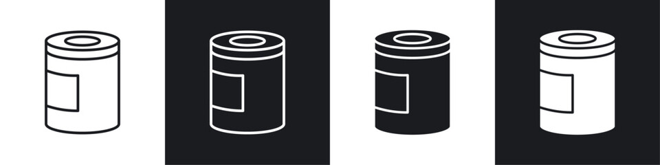 Tin can icons vectors set in black. line and flat versions