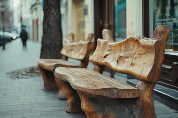 Two wooden benches are sitting on a sidewalk in front of a building. The benches are large and have a rustic appearance. The scene is quiet and peaceful, with no one around