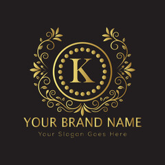 Letter Luxury brand logo design with a royal gold crown emblem and elegant typography
