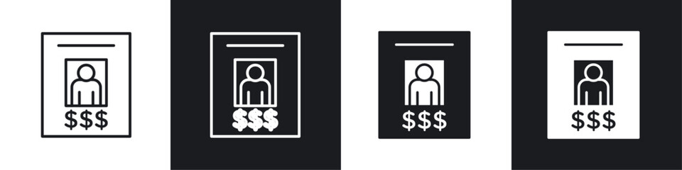 Wanted icons vectors set in black. line and flat versions