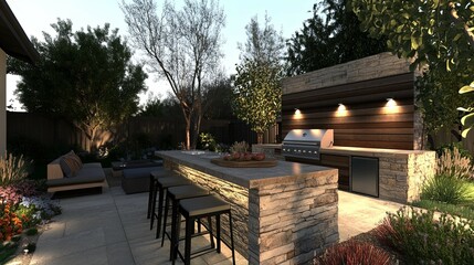 Serene Outdoor Kitchen: Stone, Wood, and Evening Light