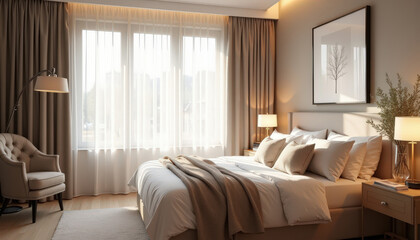 Obraz premium Cozy bedroom with natural light and warm neutral tones.