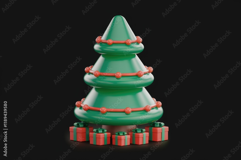 Poster a stylized 3d rendering of a christmas tree adorned with ornaments and surrounded by gifts.