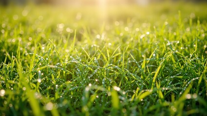 Fototapeta premium Vibrant dew covered grass blades reflecting sunlight in mini rainbows in the early morning