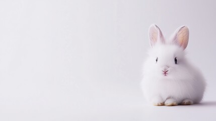 Fototapeta premium Adorable White Fluffy Bunny on Minimalist White Background, Cute Baby Rabbit, Minimalist Animal Photography
