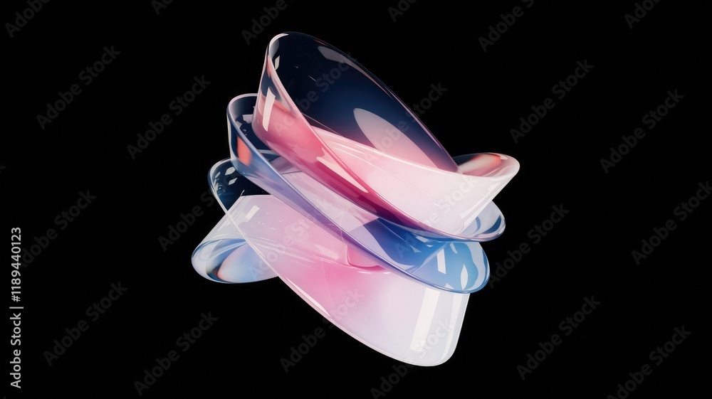 Poster abstract 3d rendering of swirling, translucent shapes in pink and blue hues on a transparent backgro