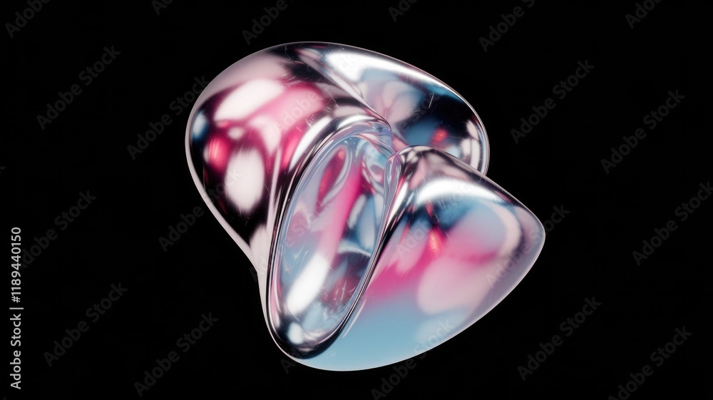 Poster Abstract 3D rendering of a shiny, iridescent, metallic, pink and blue, fluid form against a transparent background.
