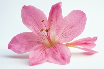 Single pink flower with a white background. The flower is the main focus of the image and it is the only thing that is visible. The flower is delicate and beautiful
