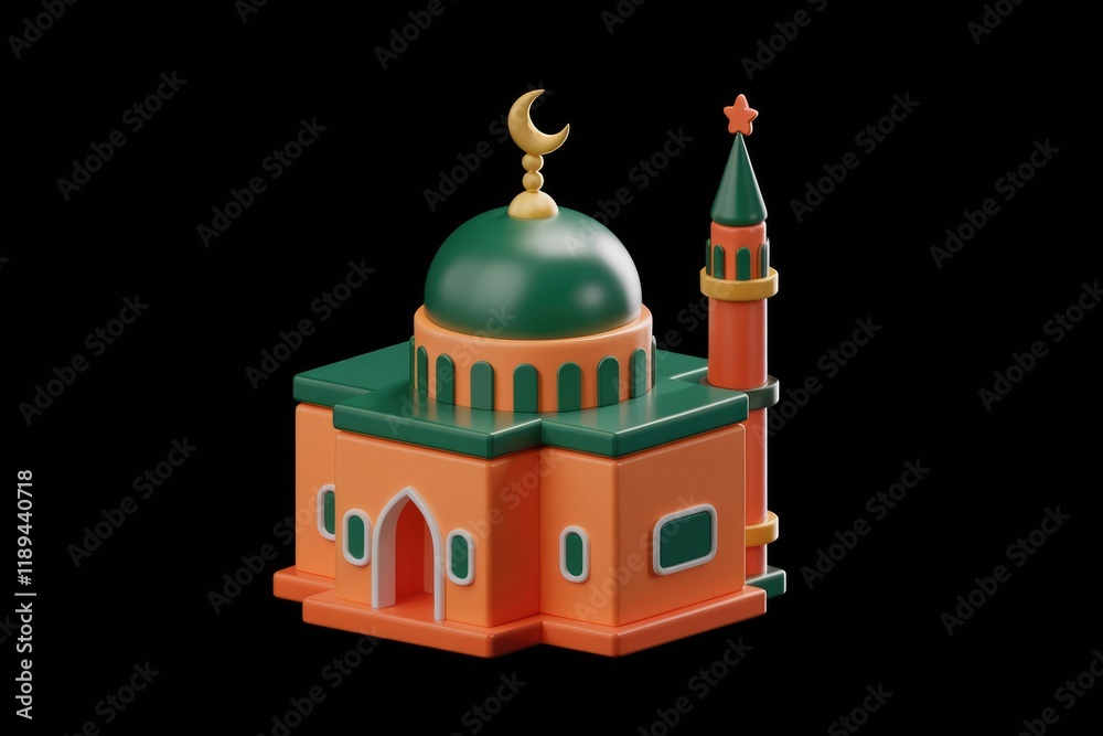 Poster a charming 3d model of a mosque, showcasing its architectural details and vibrant colors.
