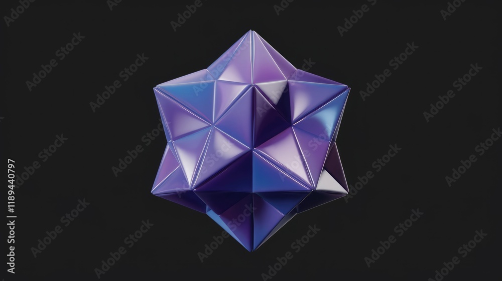 Poster a 3d rendering of a multifaceted, iridescent purple star-shaped geometric object against a transpare
