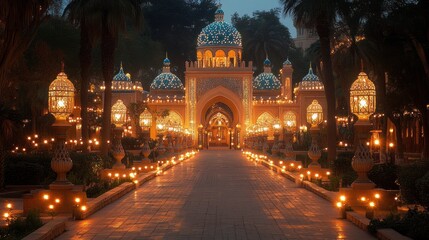 Fototapeta premium Illuminated Pathway to Ornate Pavilion at Dusk in Lush Garden Setting