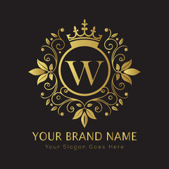 Letter Luxury brand logo design with a royal gold crown emblem and elegant typography
