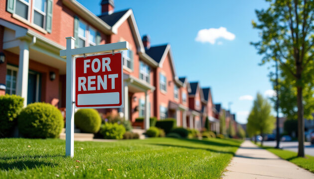 For rent sign in front of suburban brick houses.
