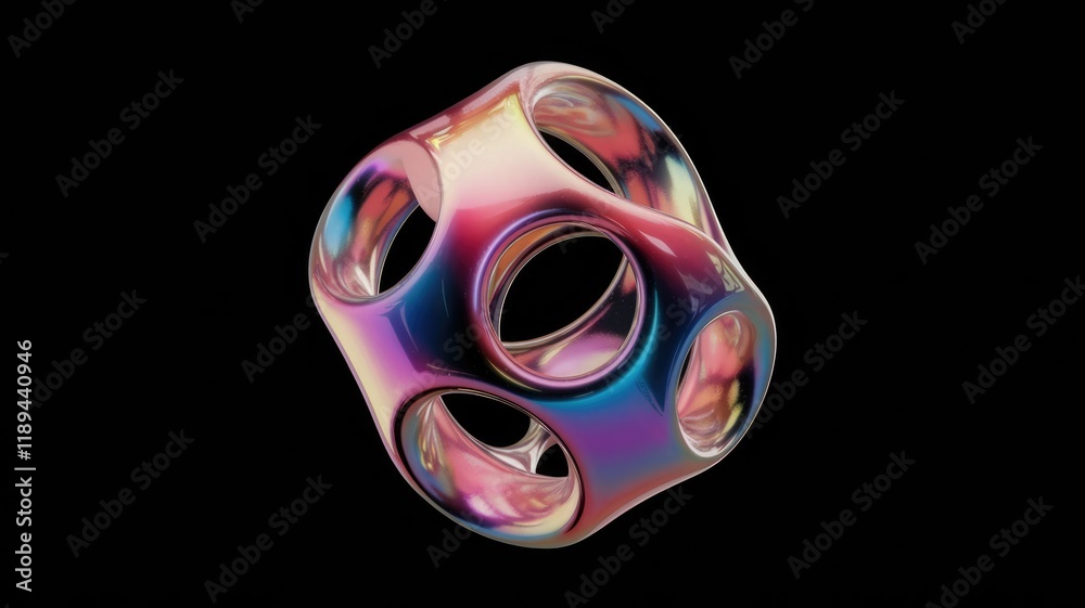 Aufkleber a vibrant, iridescent 3d rendered model of a geometric structure with interconnected, hollow forms.