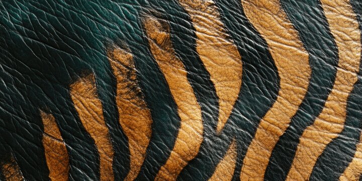 Zebra print is shown in black and gold. The stripes are very close together, creating a sense of depth and texture. Scene is bold and striking, with the contrasting colors of black