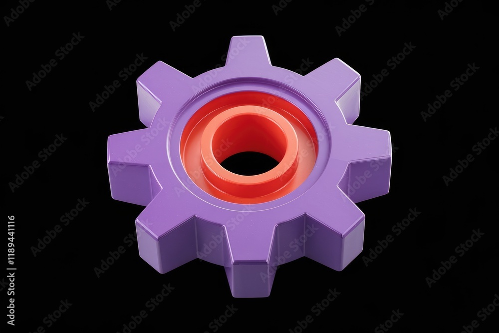 Poster a 3d rendered purple gear with an orange inner core, symbolizing mechanism and process.