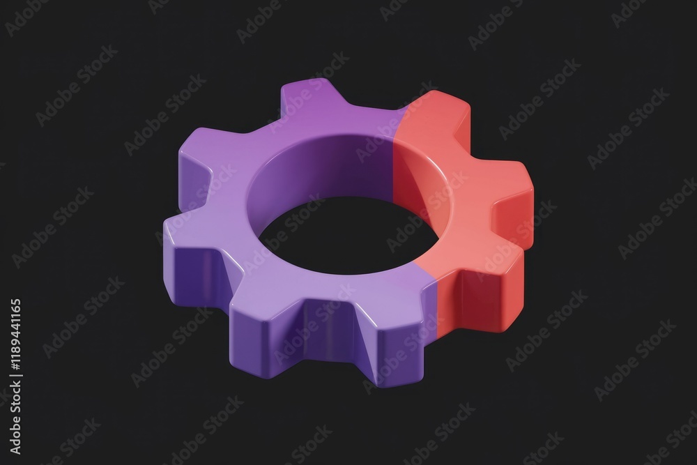 Poster A 3D rendered image of a gear divided into purple and red, symbolizing progress and teamwork.