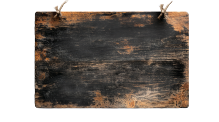Old, wooden and worn blackboard, with ropes for hanging, PNG - transparent background